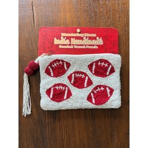 India Handmade Beaded Football Clutch Pouch With Tassel Red White NWT
